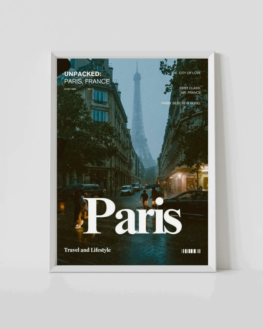 White-framed Paris travel poster with large 'Paris' typography