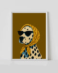 Framed dalmatian dog wall art poster with sunglasses and yellow bandana, white frame