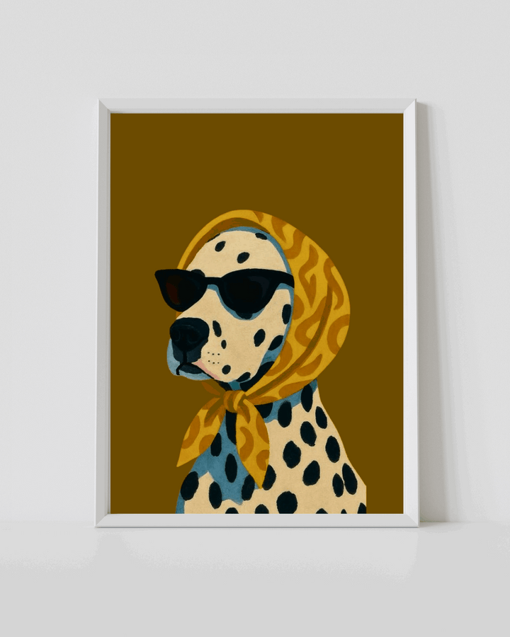 Framed dalmatian dog wall art poster with sunglasses and yellow bandana, white frame