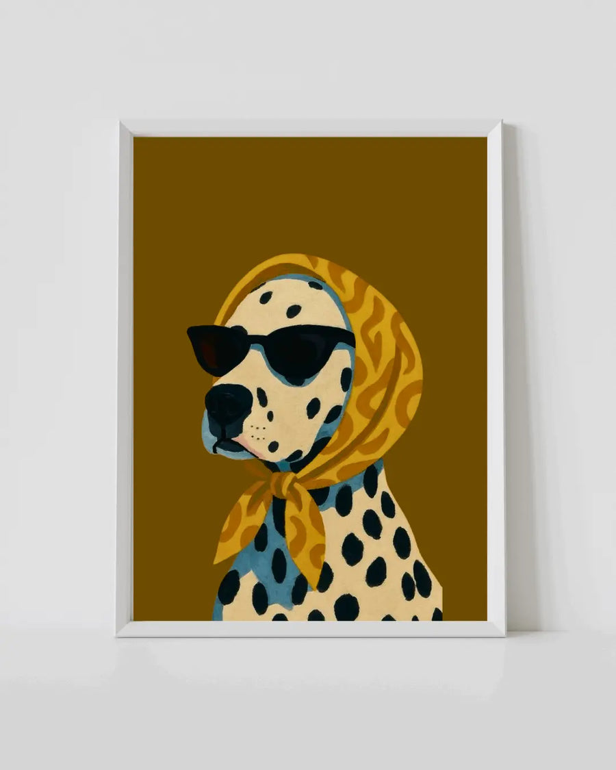 Framed dalmatian dog wall art poster with sunglasses and yellow bandana, white frame