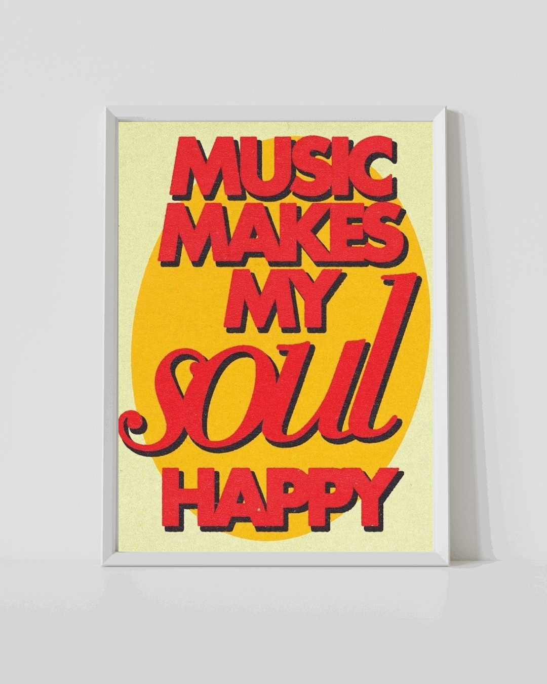 Music quote framed wall art with red “MUSIC MAKES MY soul HAPPY” lettering
