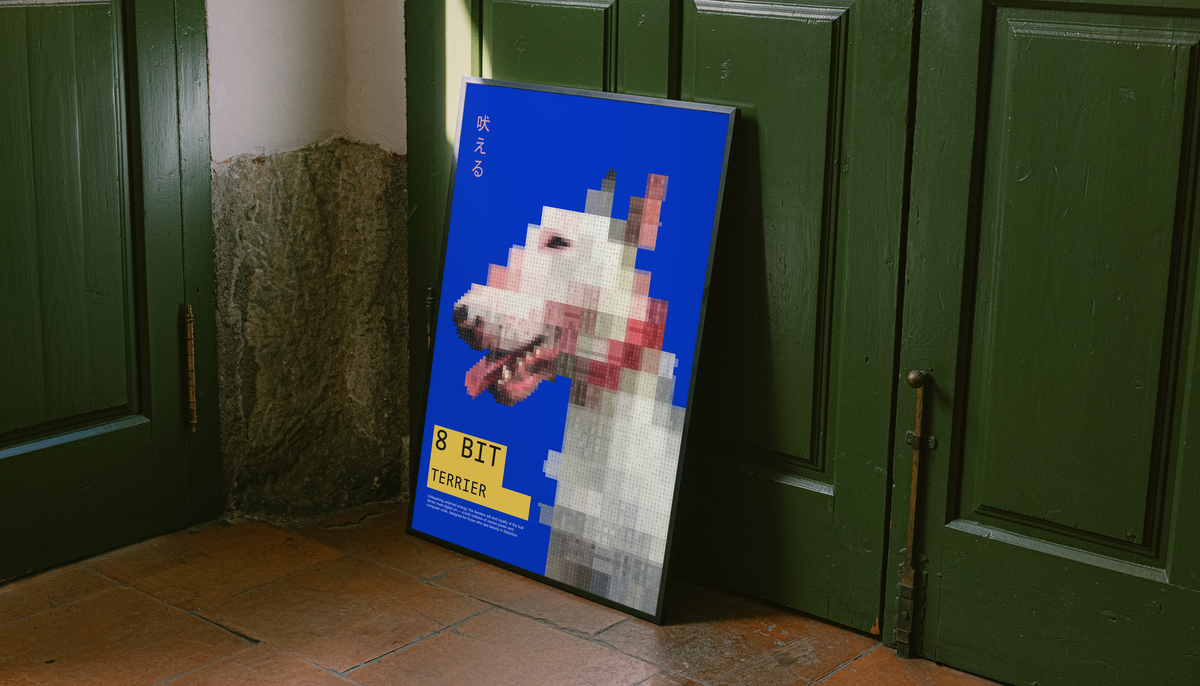 Pixelated white terrier head with yellow 8 Bit Terrier label on blue; unframed canvas styled by a green doorway