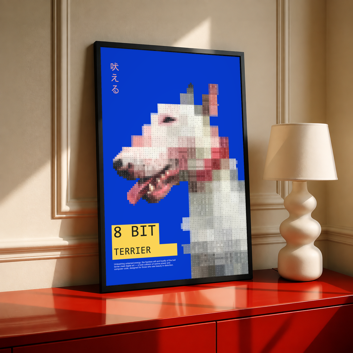 Siyah çerçeveli baskı: canlı mavi zeminde iri piksellerle beyaz teriyer, kırmızı tasma ve sarı 8 BIT TERRIER etiketi.