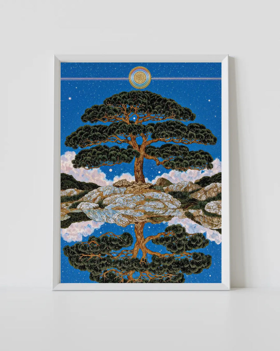 Framed wall art print of a stylized pine tree under a blue starry sky