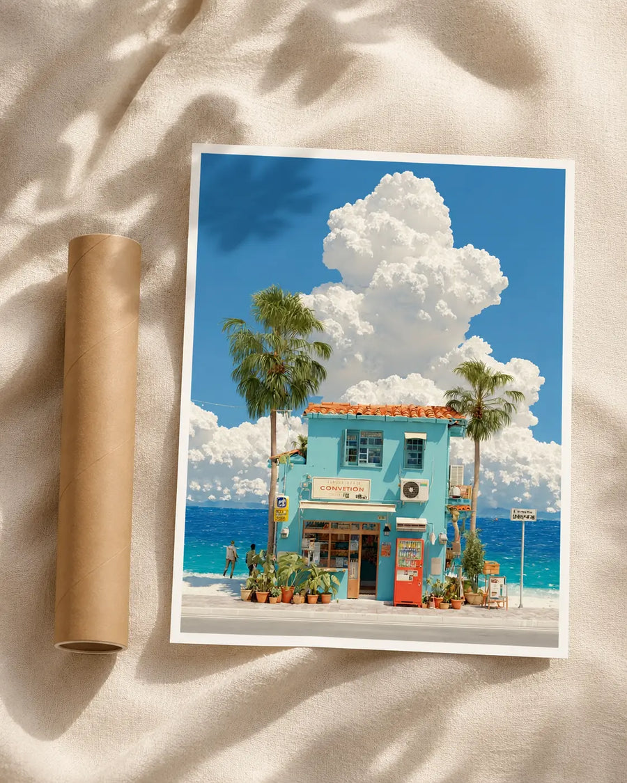 Mediterranean beach house print with blue sky, white clouds, palm trees, and storefront.