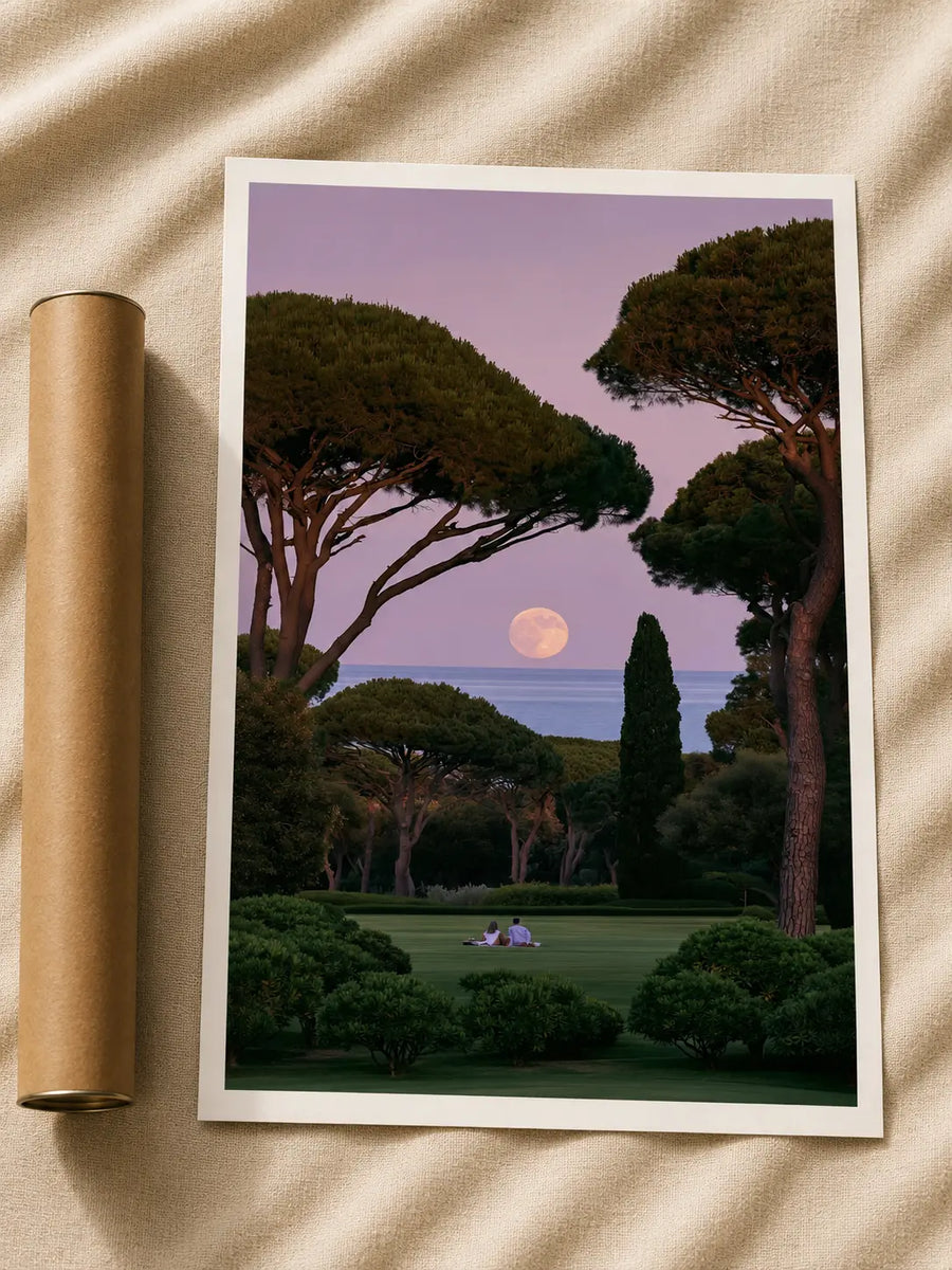 Framed moonlit landscape print: tall trees, green lawn, glowing full moon