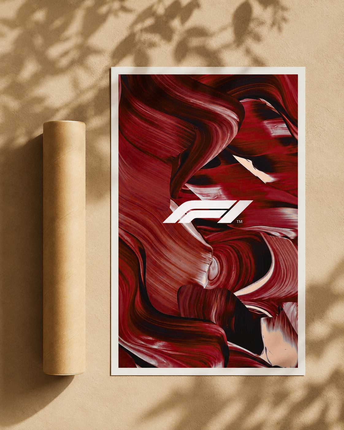 Framed racing art print with red swirl design and white F1 logo