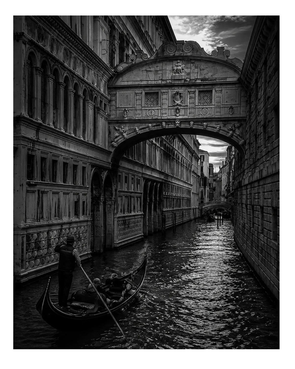 Black-and-white architecture art print with arched bridge facade and gondola in canal