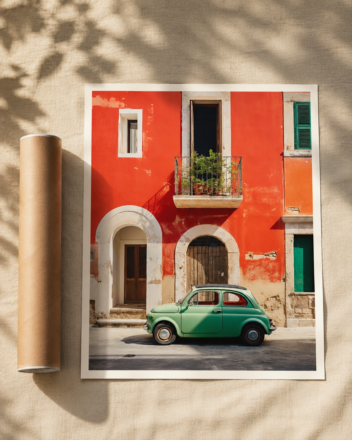 Vintage Italian Car Print with a classic green city car parked beside a colourful Italian building with arched doorways and shutters.