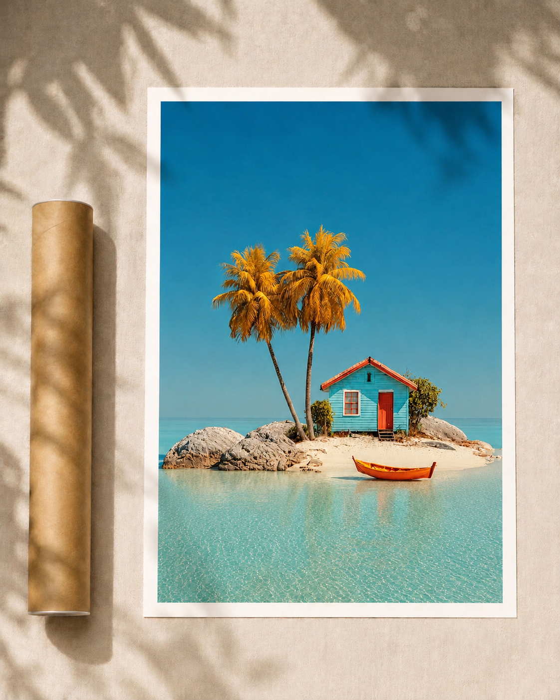 Tropical island poster with palm trees, teal cabin, and orange canoe on turquoise water