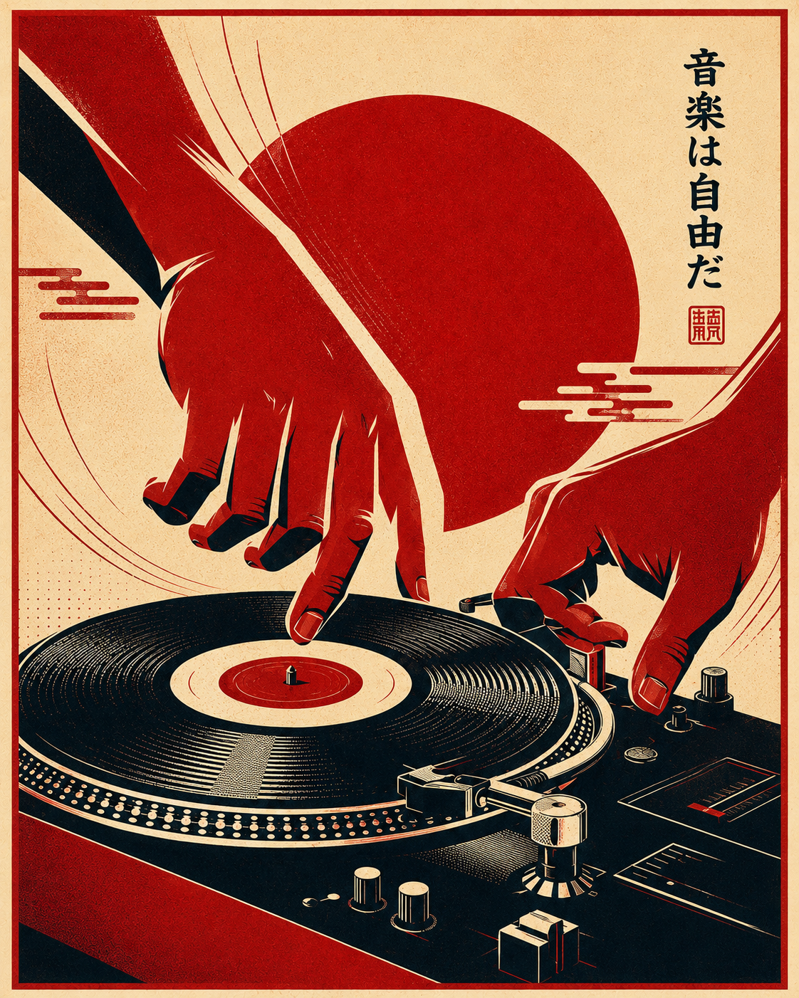 Japanese Vinyl Art Print with expressive red illustration and retro music inspired graphic composition