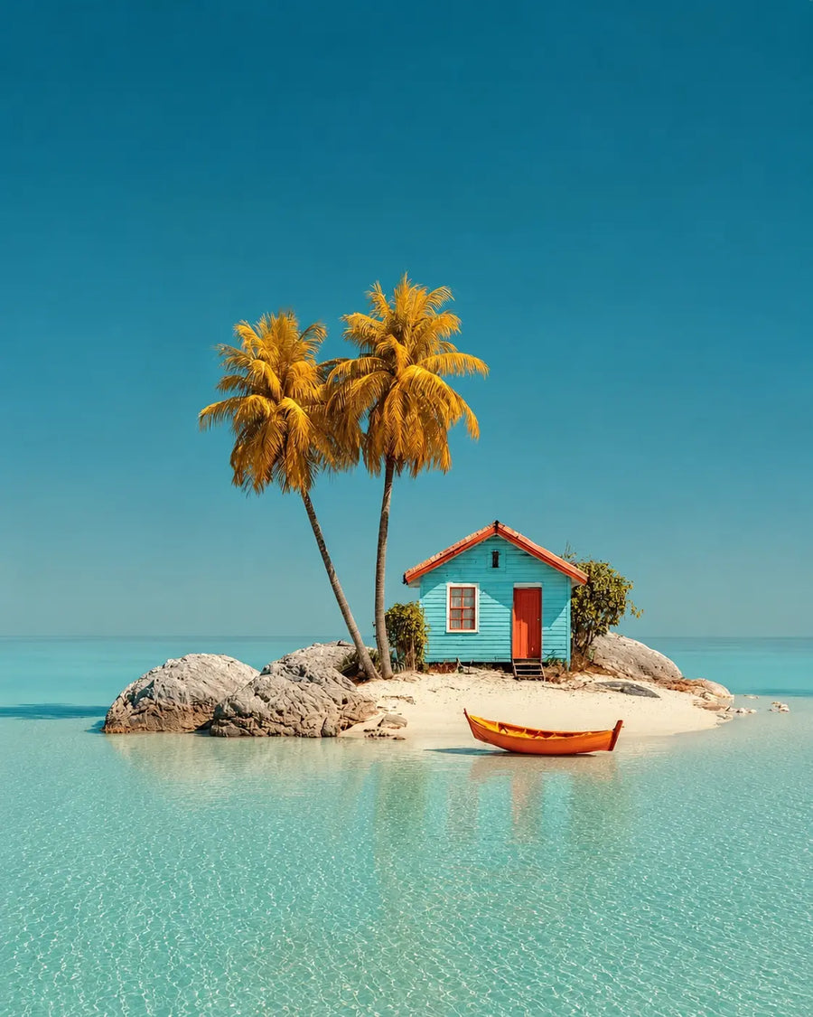 Tropical island house print with palm trees, teal cabin, and orange canoe on water