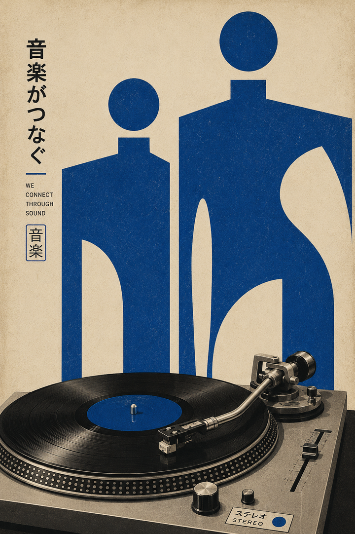 Japanese Vinyl Figurative Art Print featuring two stylized blue figures connected through turntable and vinyl imagery