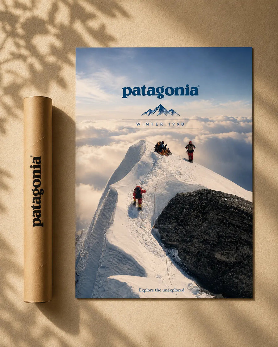Patagonia Mountain Ridge poster print with snowy climbers; rolled poster tube nearby