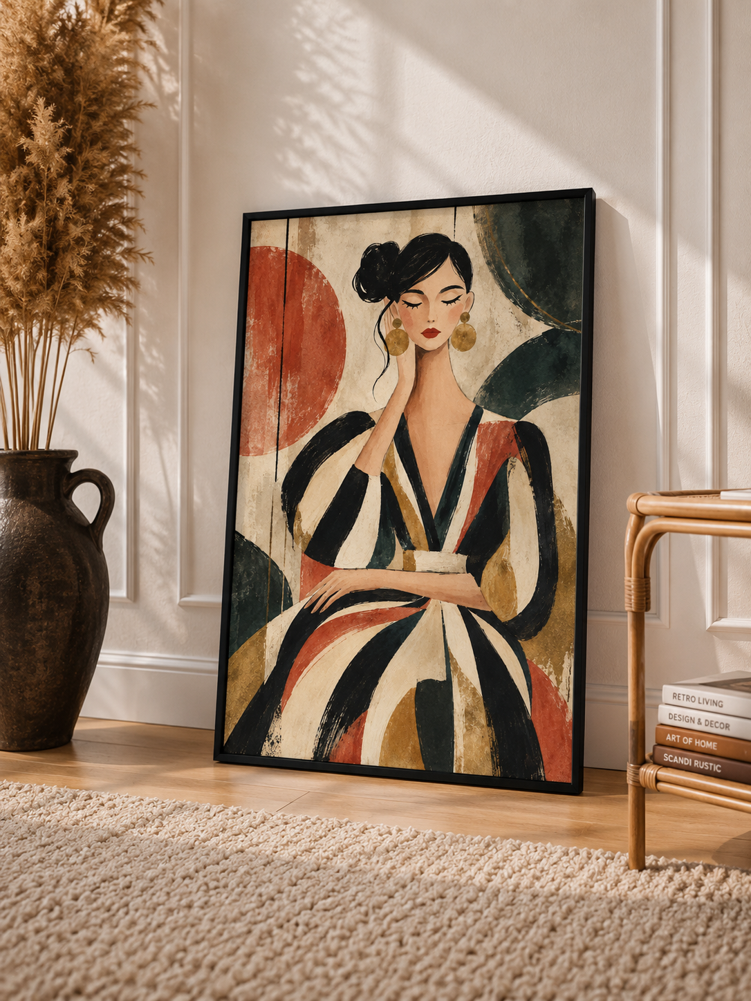 Abstract Woman Art Print featuring a seated female figure with flowing black forms and warm earthy orange tones