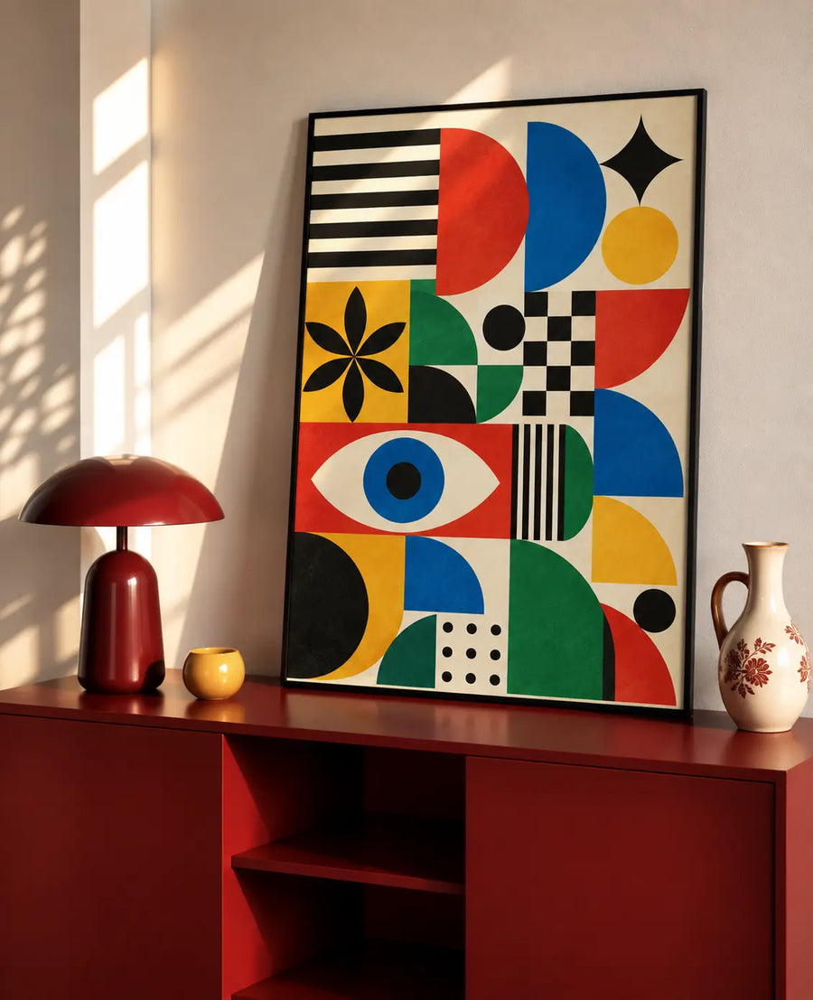 Bauhaus Graphic Art Print with a bold eye motif, checkerboard details and colorful geometric symbols