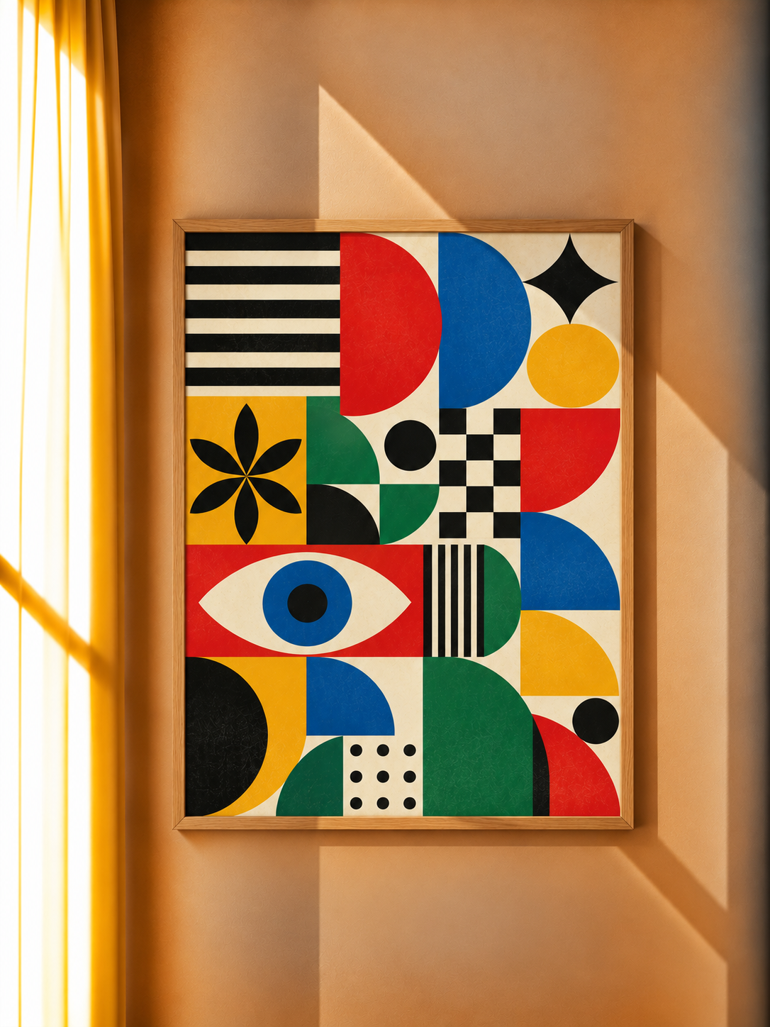 Bauhaus Graphic Art Print featuring playful red, blue, yellow and green shapes on a cream background