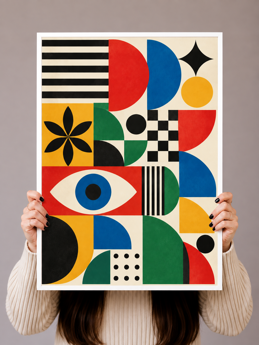 Bauhaus Graphic Art Print displayed in a warm interior with vibrant modernist forms and graphic details