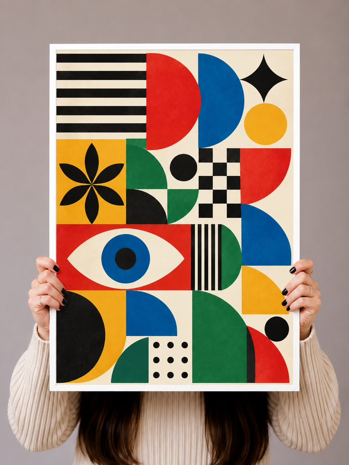Bauhaus Graphic Art Print displayed in a warm interior with vibrant modernist forms and graphic details
