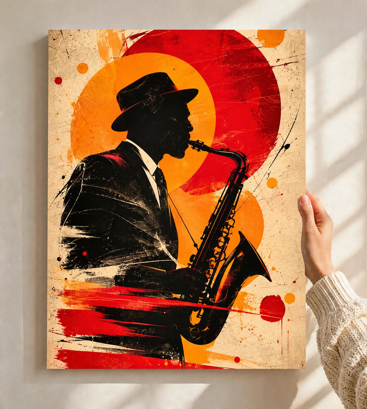  Abstract Silhouette Portrait Art shown as a stretched canvas, featuring a striking dark profile, warm red and orange forms and expressive brush textures.