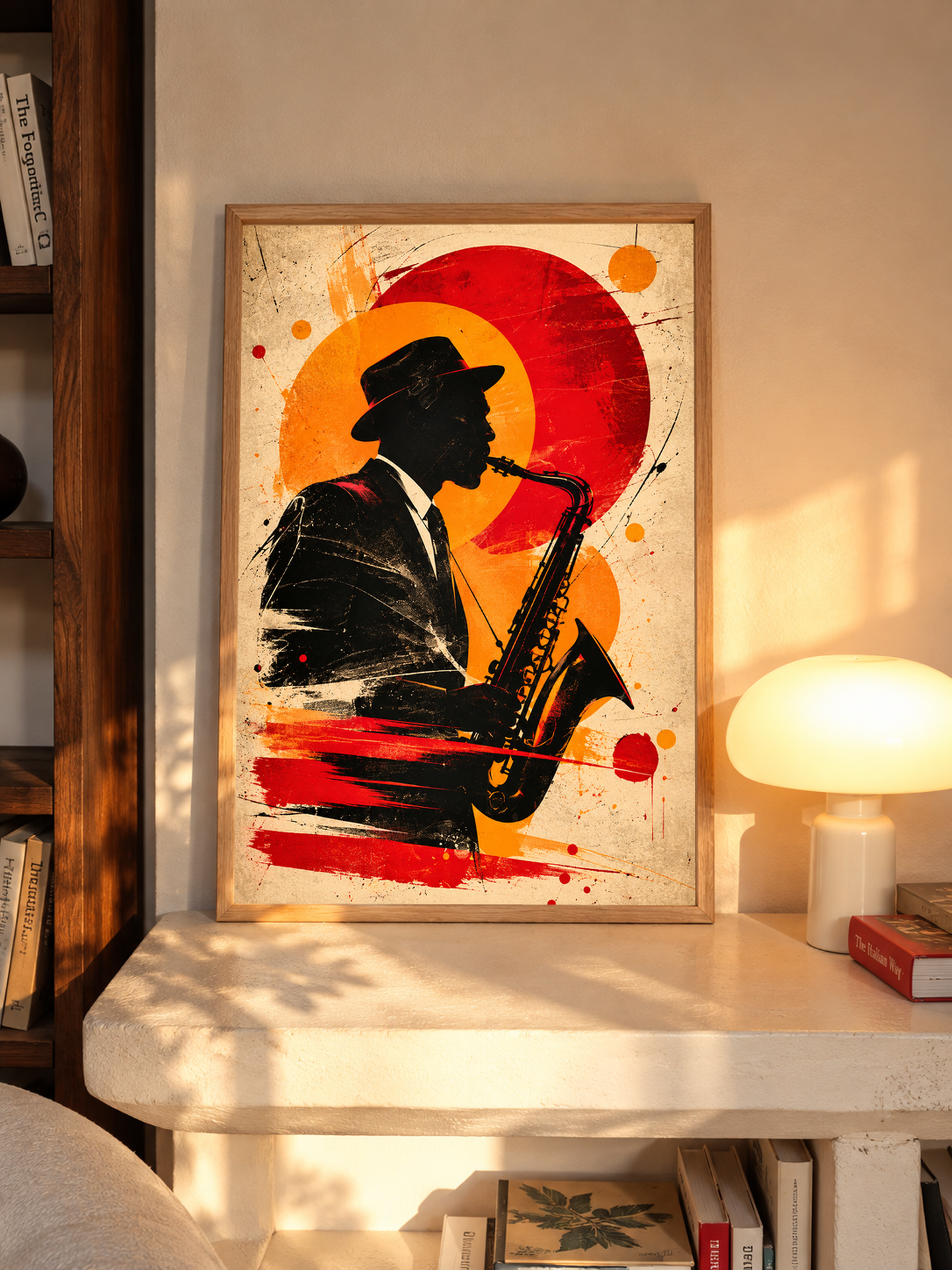Framed saxophonist silhouette portrait with red orange circle and textured beige background