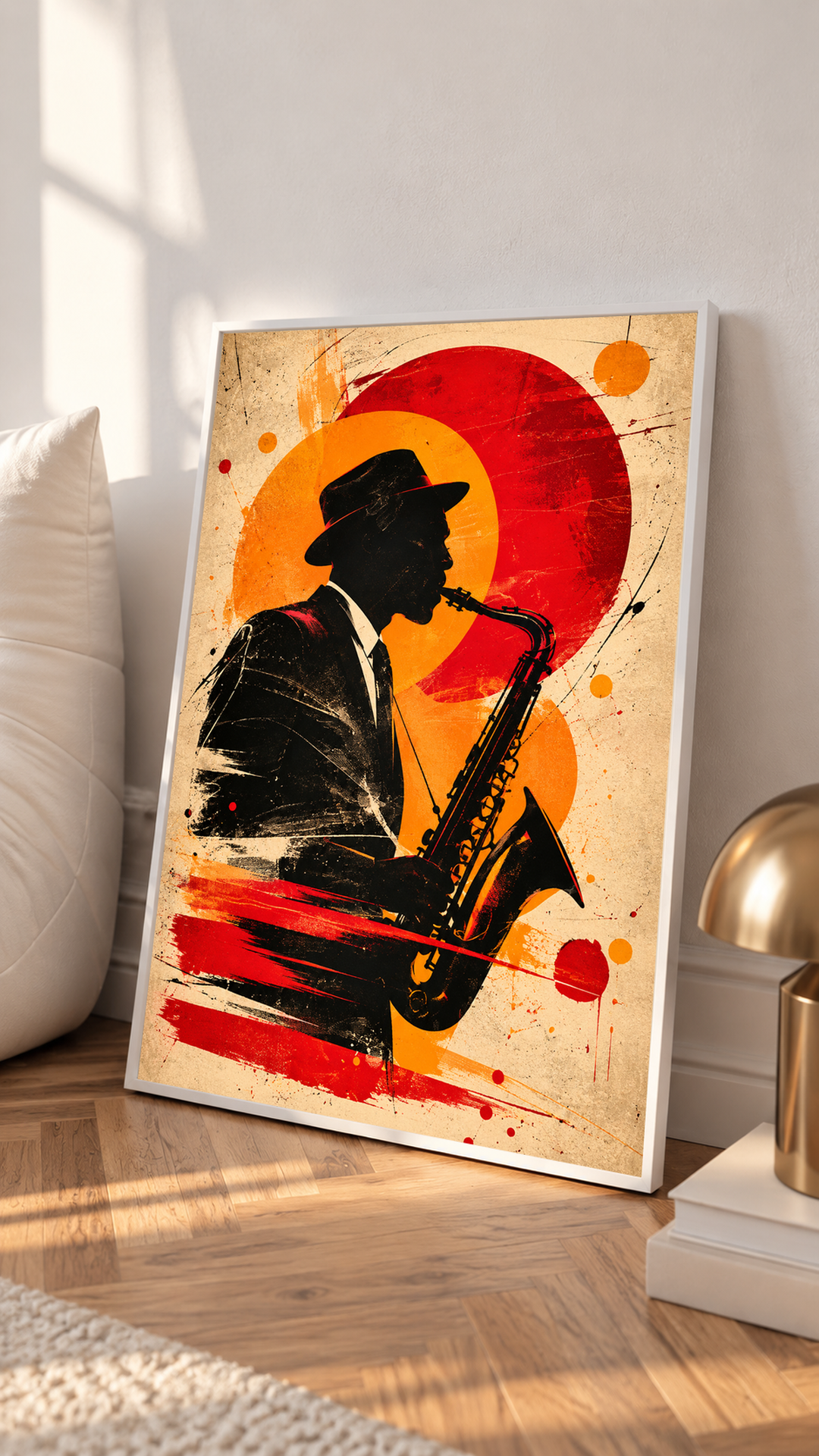 Abstract silhouette artwork presented in a clean white frame, featuring a dramatic black profile against vivid red, orange and cream painted elements.