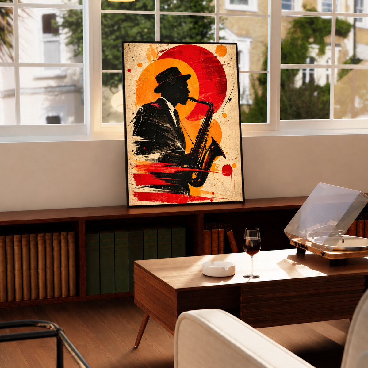 Abstract Silhouette Portrait Art displayed in a slim black frame, featuring a dark human profile surrounded by vivid red, orange and expressive black brushwork.