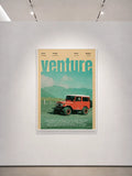 Road trip print in white frame with red off-road vehicle and teal landscape