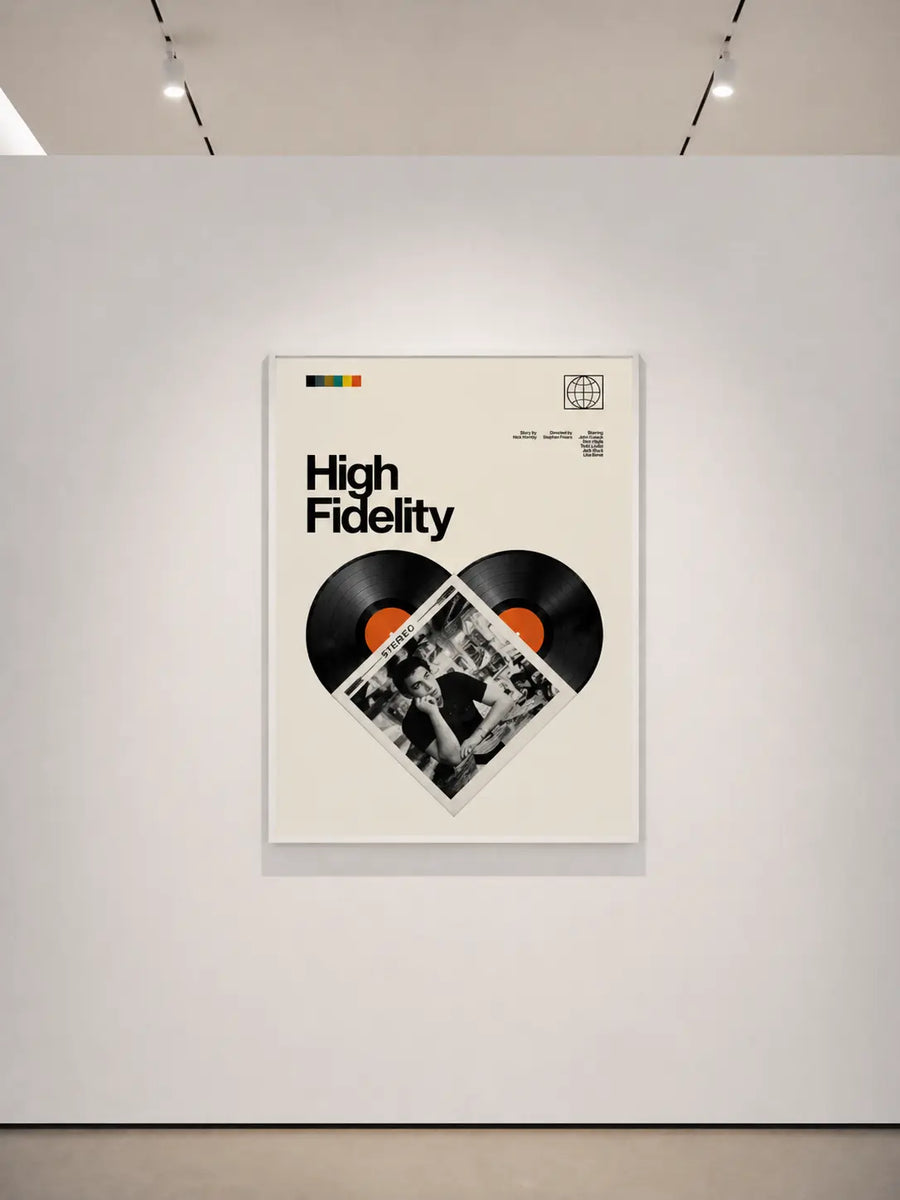 Póster con marco blanco “High Fidelity” con collage de corazón de disco de vinilo