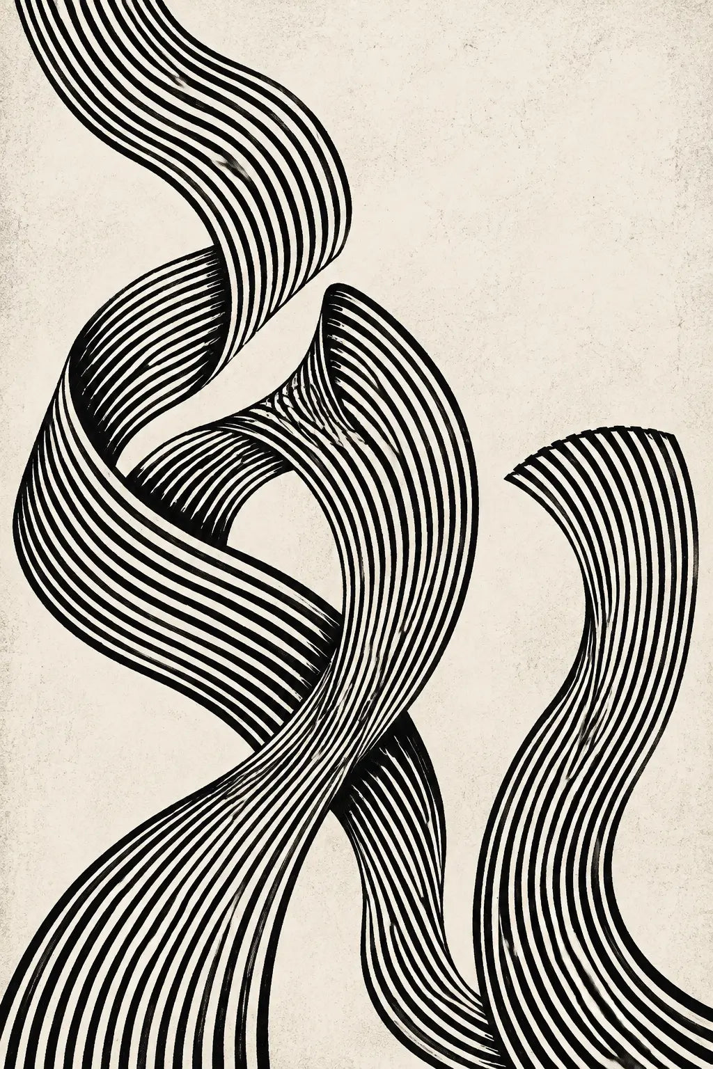 Abstract wall art with bold black curving line waves on a light background
