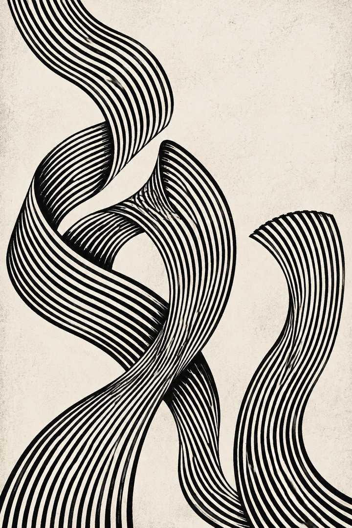 Abstract wall art with bold black curving line waves on a light background