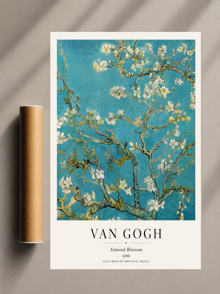 Almond Blossom poster print with blue sky, white flowering branches, VAN GOGH title