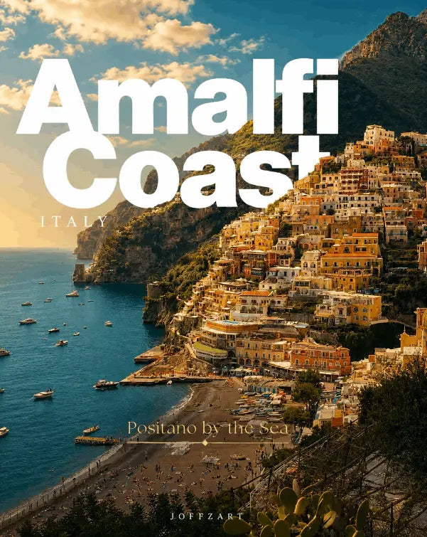 Coast travel poster close-up with bold 'Amalfi Coast' text and village by the sea