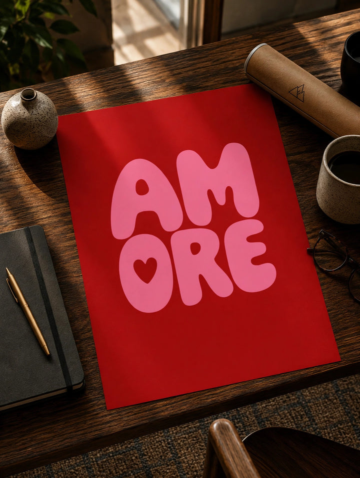 Amore Typography Print with playful lettering designed for romantic bedrooms, gallery walls, and contemporary interiors.