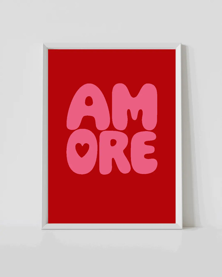 Red typographic poster with pink lettering and heart, in a white frame