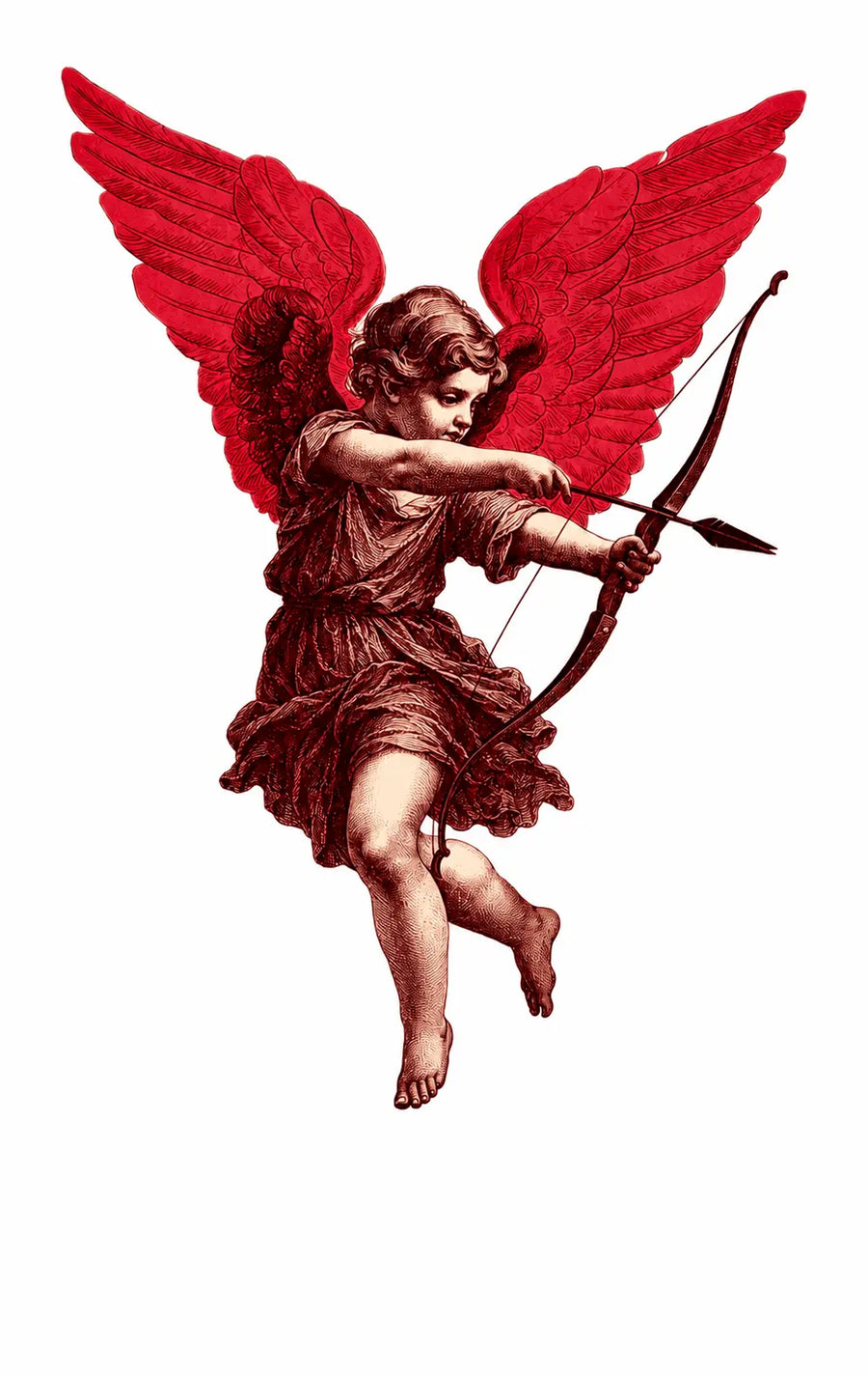 Unframed wall print close-up of red winged cupid holding a bow