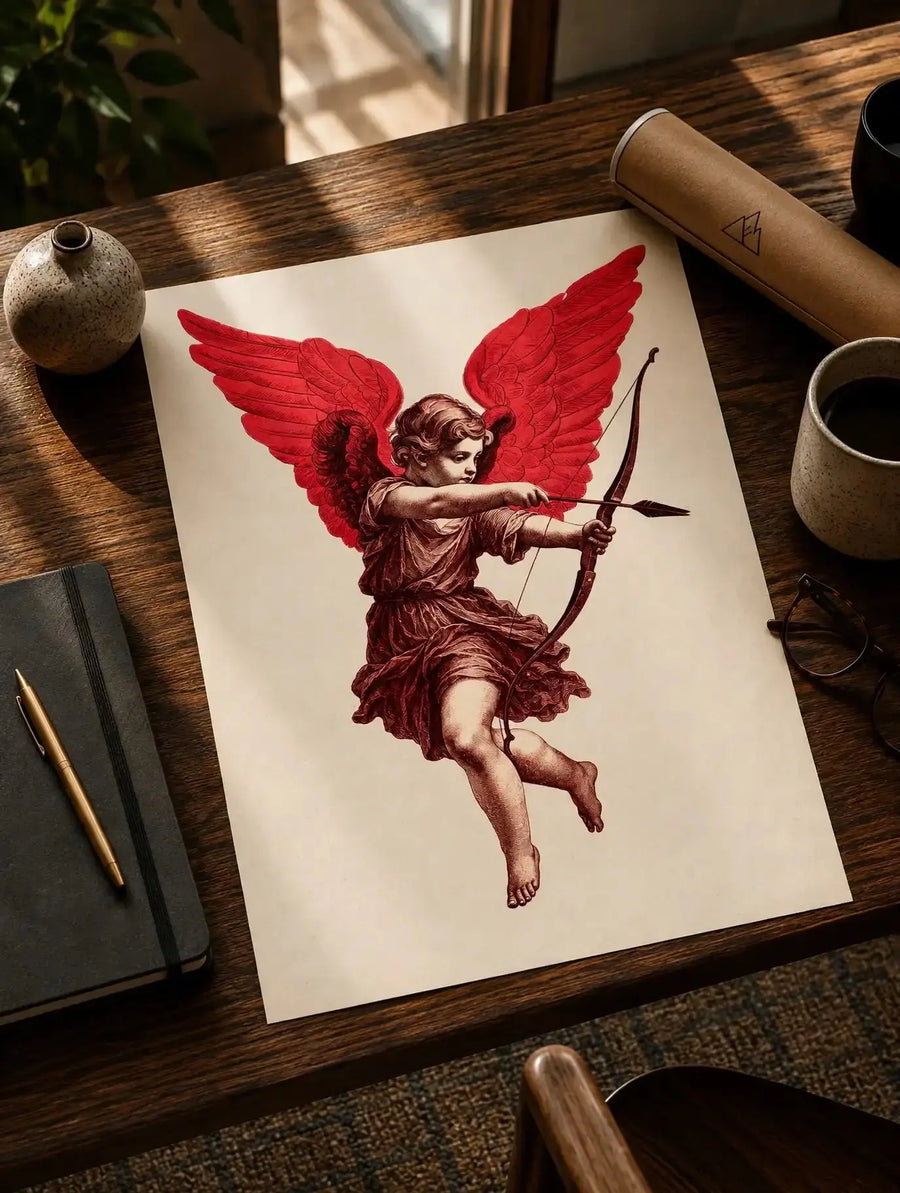 Unframed wall print featuring red winged cupid holding a bow on a white sheet