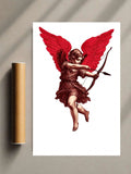 Unframed wall print with red winged cupid holding a bow on a white background