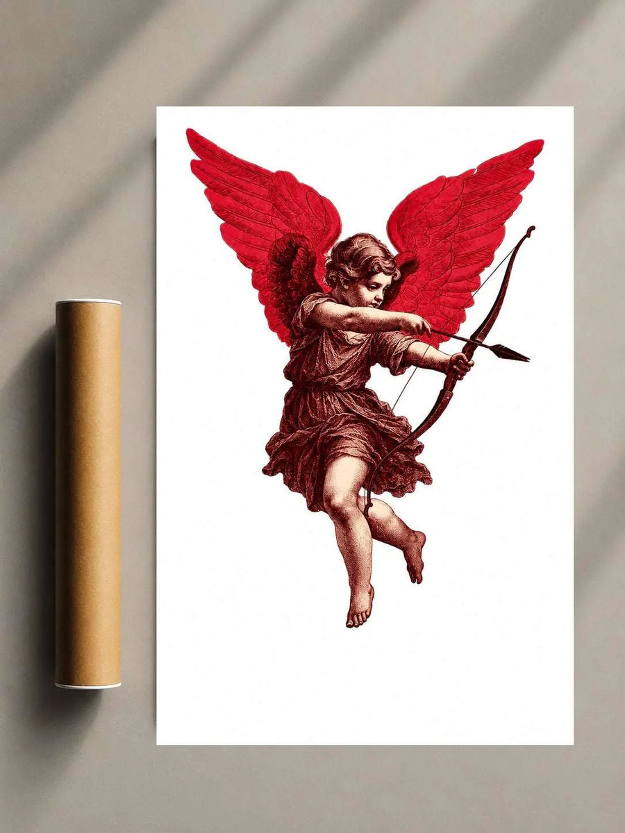 Unframed wall print with red winged cupid holding a bow on a white background