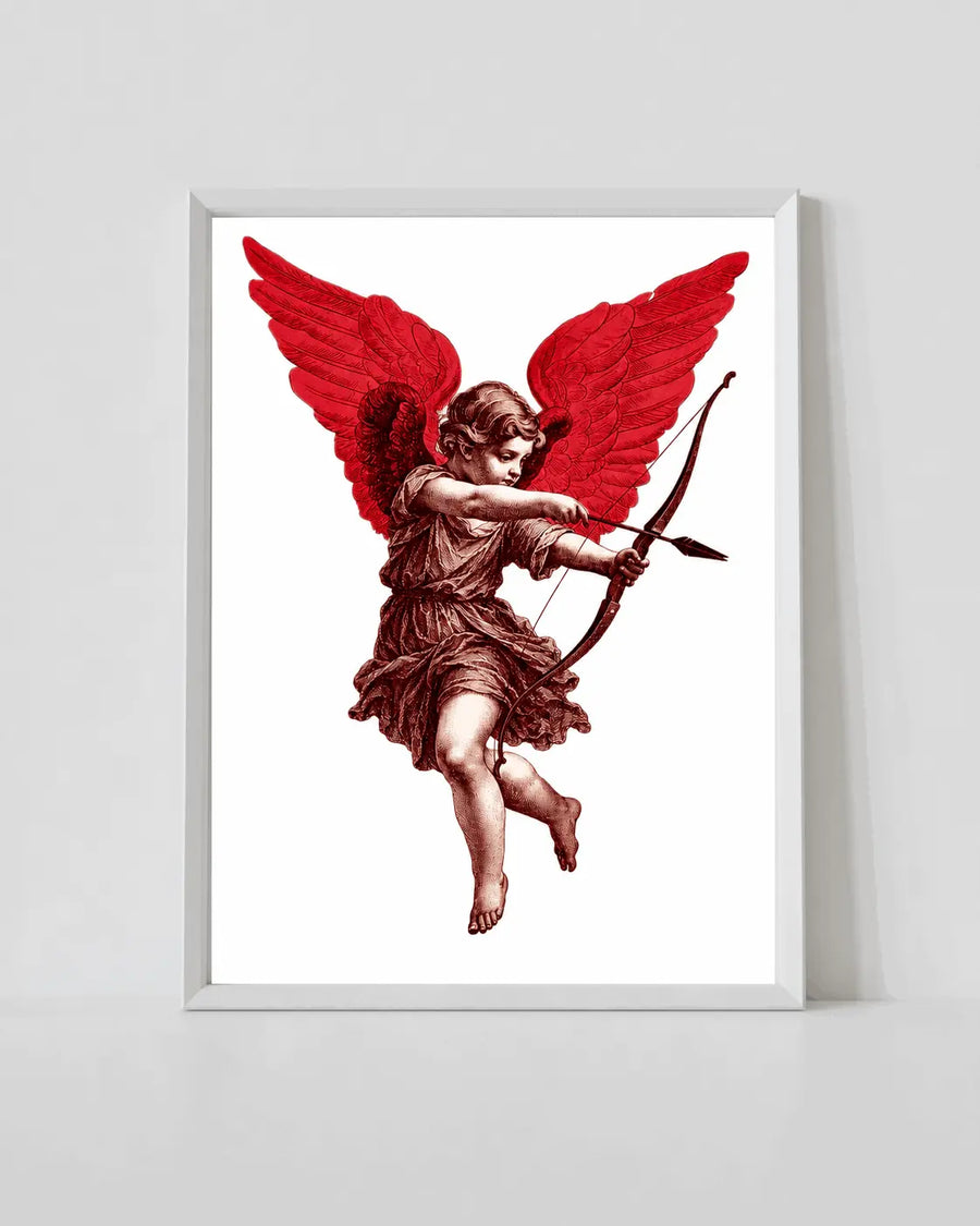 White-framed wall print featuring red winged cupid with bow in an archer pose