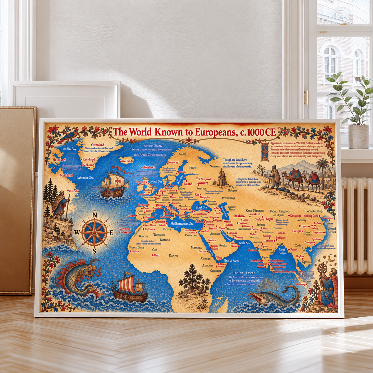 Vintage Illustrated World Map shown in a bright living space with blue oceans, aged parchment tones and detailed geographic artwork