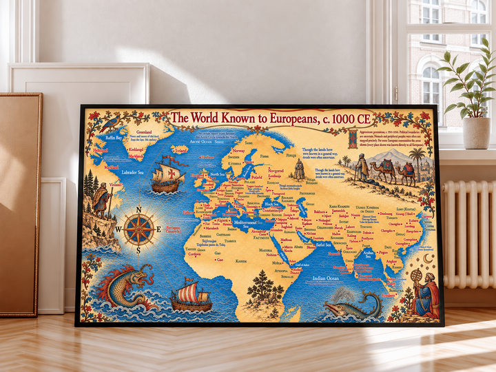 Vintage Illustrated World Map displayed in an elegant interior with antique cartography, ocean illustrations and maritime details