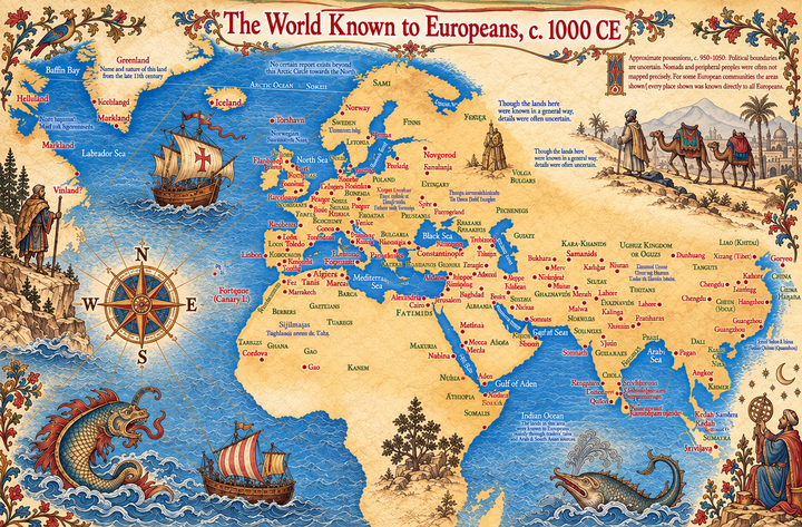 Vintage Illustrated World Map featuring detailed continents surrounded by illustrated oceans, vessels and classic nautical imagery