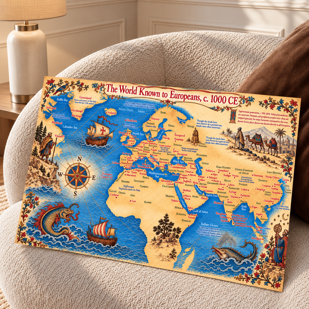 Vintage Illustrated World Map resting on a neutral chair with antique maritime illustrations, continents and decorative ocean motifs