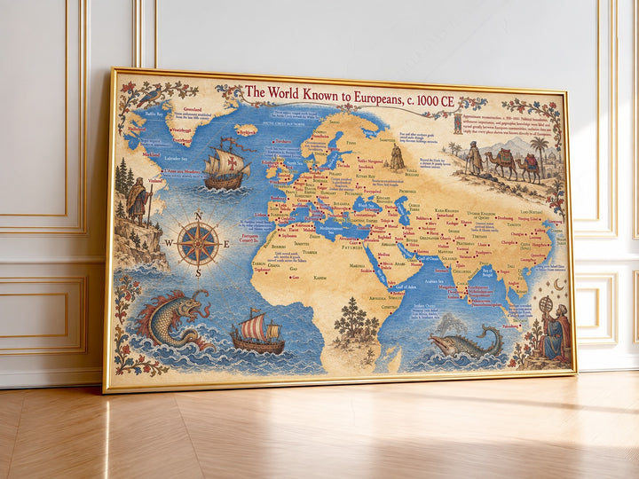 Vintage Illustrated World Map styled above a wooden cabinet featuring historic map imagery, ships and decorative sea creatures