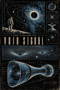 Affiche noire VOID SIGNAL avec diagrammes bleus de l’espace-temps, trou noir et petit astronaute.