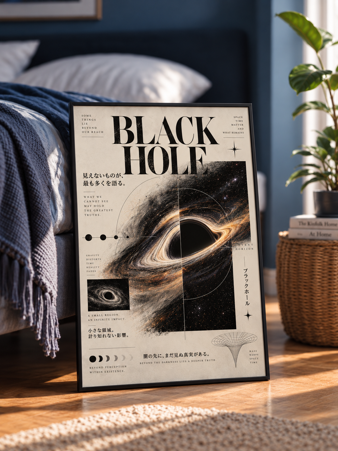 Black Hole Wall Art displayed in a modern interior featuring a dramatic cosmic black hole and vintage astronomy inspired design