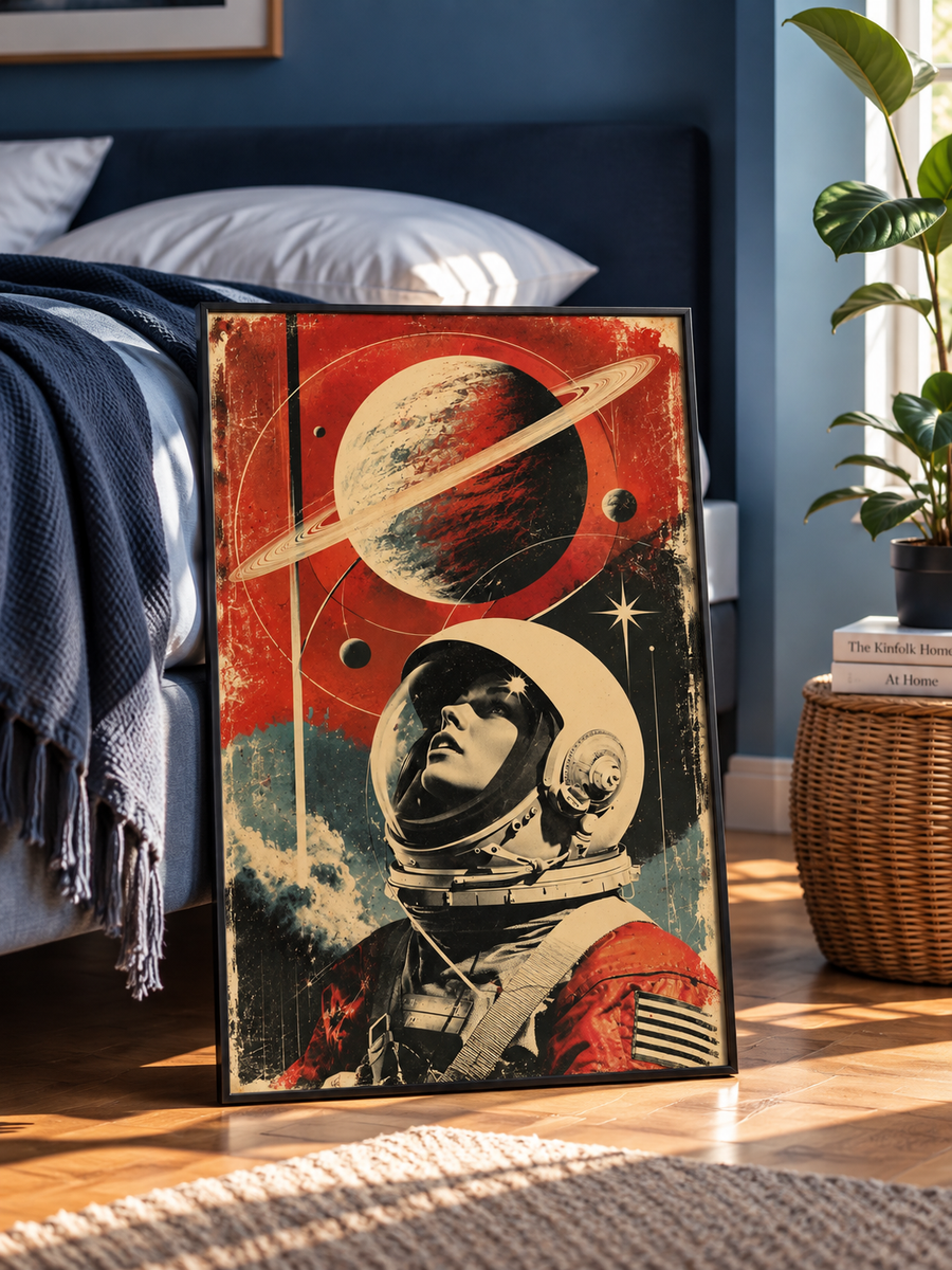 Astronaut Wall Art displayed in a modern bedroom featuring a vintage space explorer portrait, Saturn and bold red celestial graphics