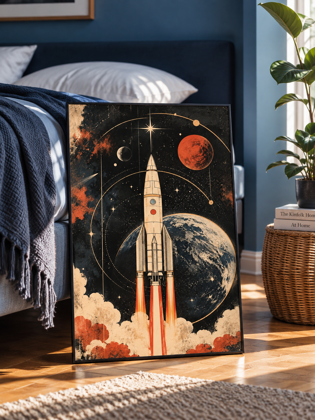 Rocket launch wall art poster: rocket with fiery thrusters, planets, stars