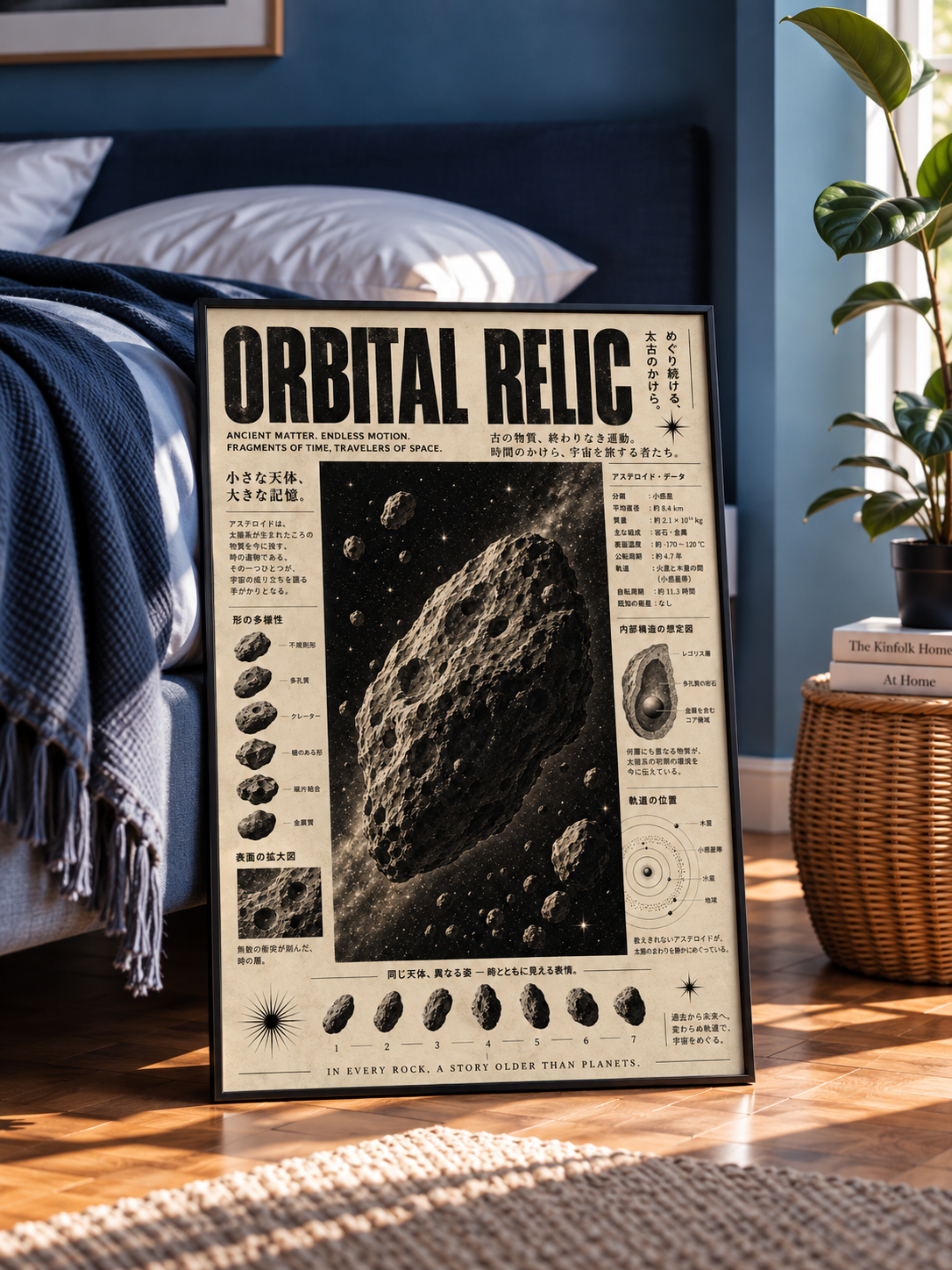 Framed asteroid wall art poster with dark space illustration and printed text columns